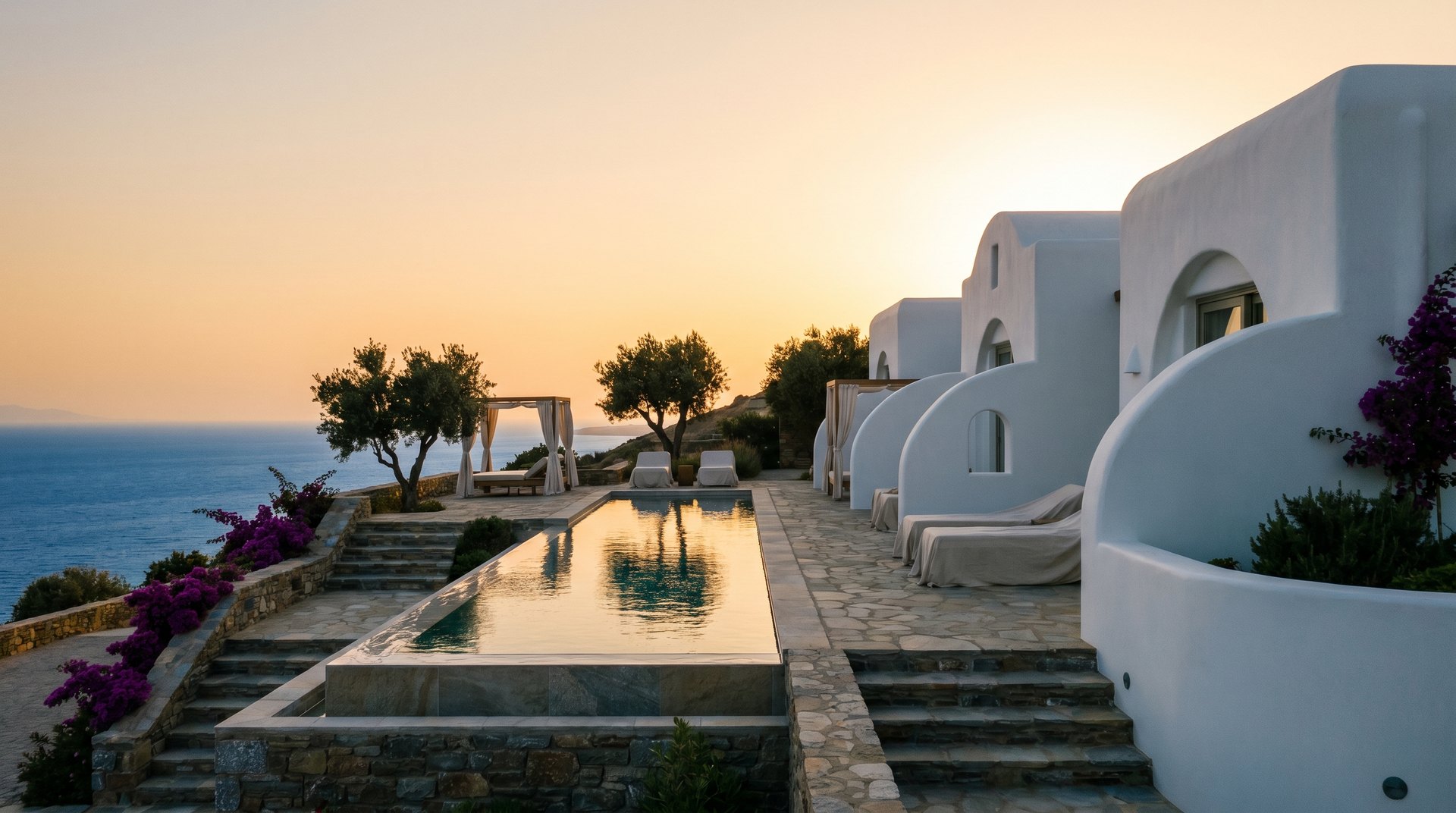 Aria Suites whitewashed Cretan suites and infinity pool above the Aegean at golden hour